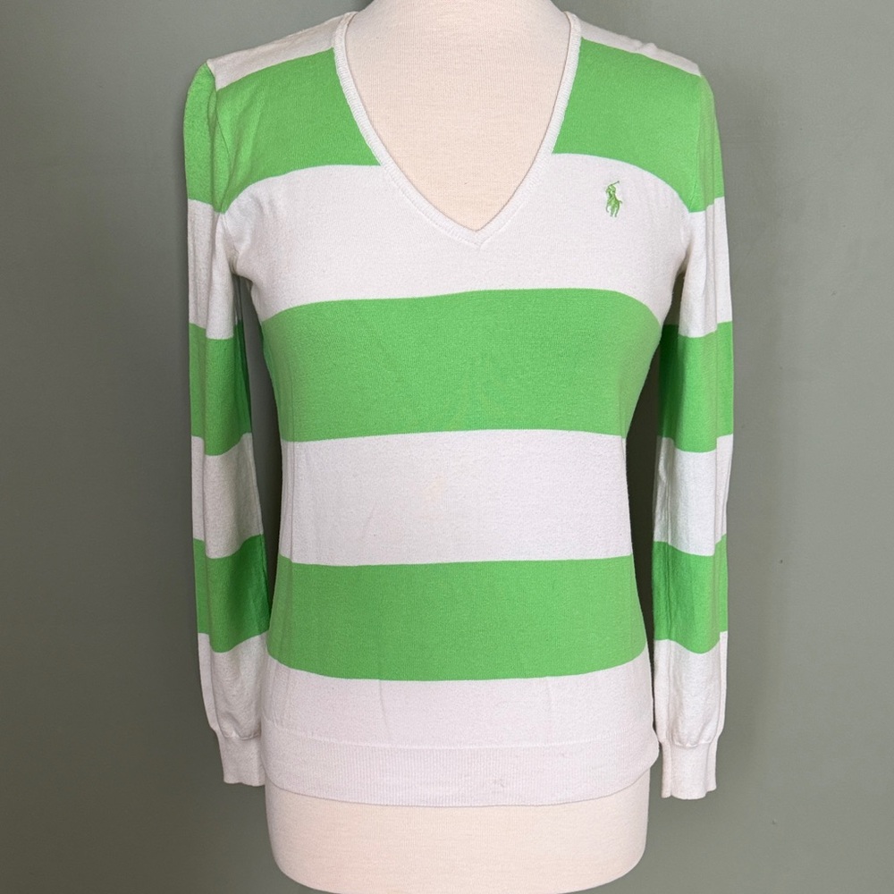 Ralph Lauren Women's V-Neck Sweater in Green and White Stripes